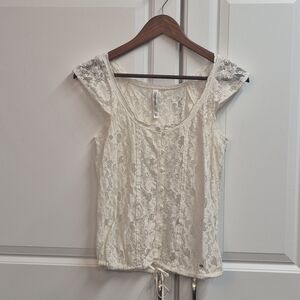 Aeropostale White Lace Top Cap Sleeves, Drawstring Hem, Coquette, Soft Girl